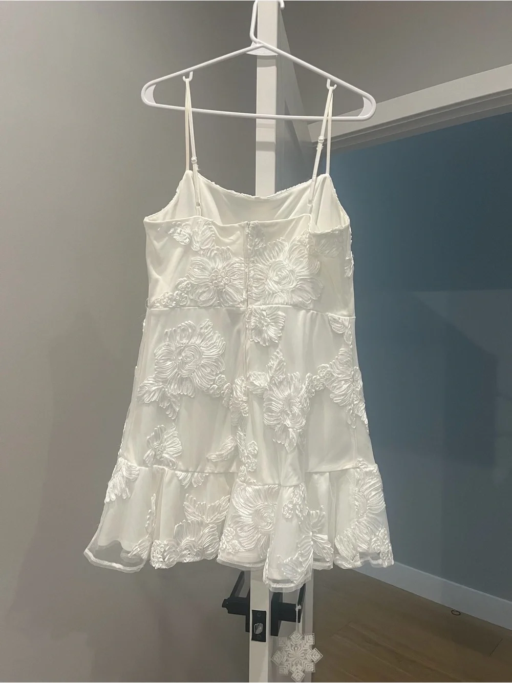 White Floral Appliqué Spaghetti Strap Mini Dress